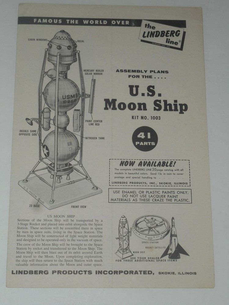 LINDBERG U.S. MOONSHIP Model 1003 Assembly Instructions & Parts List ONLY 1958